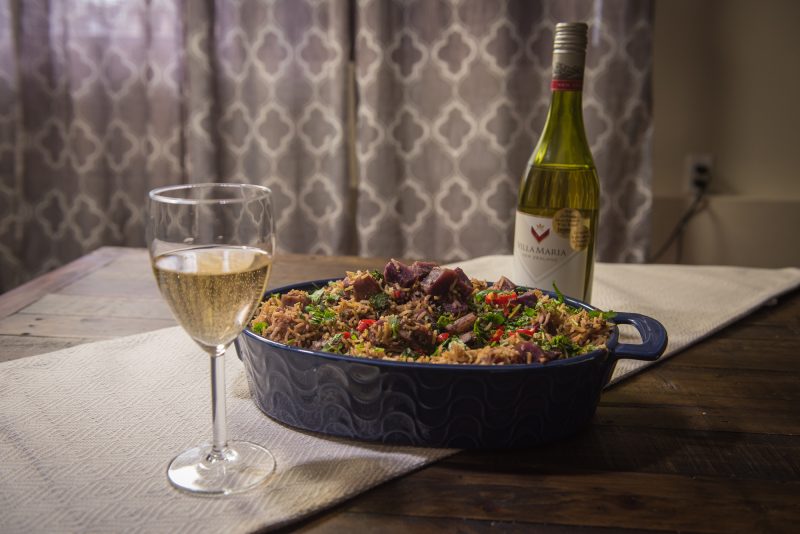 spicy sweet potato pulao, villa maria wines, pinot gris